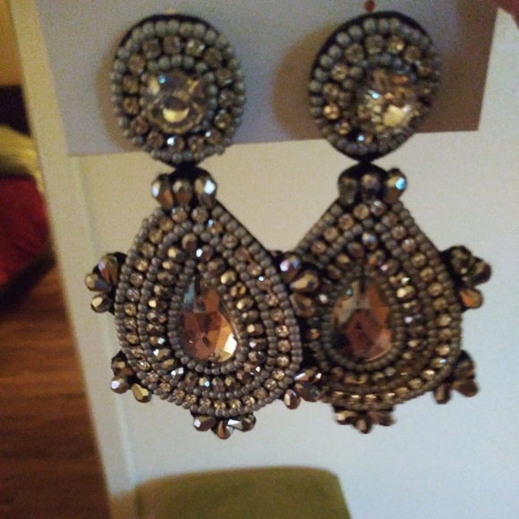 Jewelry - Beaded statement teardrop earrings with fabric back with Clear stone.